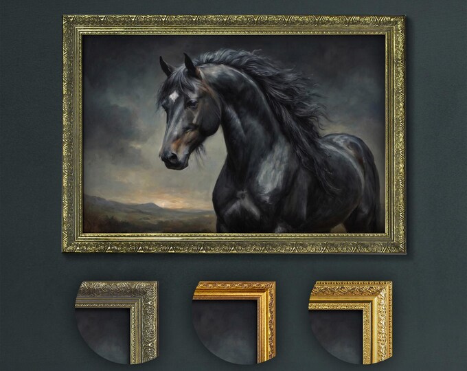 Majestic Black Stallion, Dark Academia Horse Art, Gothic Equestrian Decor, Vintage-Inspired Horse Painting, Dramatic Equine Portrait