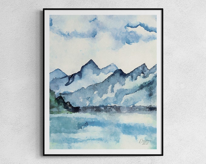 Blue Mountains Watercolor Landscape Mountains Watercolor Print Blue Watercolor Art Unframed Blue Landscape Blue Tones Art Print