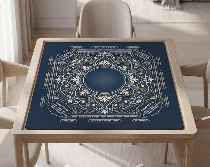 Personalized, Ornate, Navy White Mahjong Mat with Instructions (Rules)