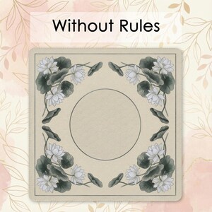 a square card with a floral design and a blank center, surrounded by a border of leaves and flowers.