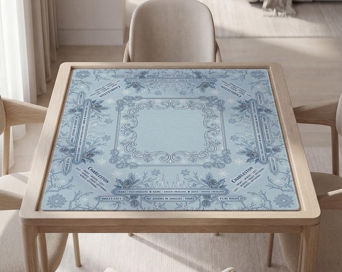 Personalized Mahjong Mat with Instructions (Rules): Winter Blue Botanical Pattern