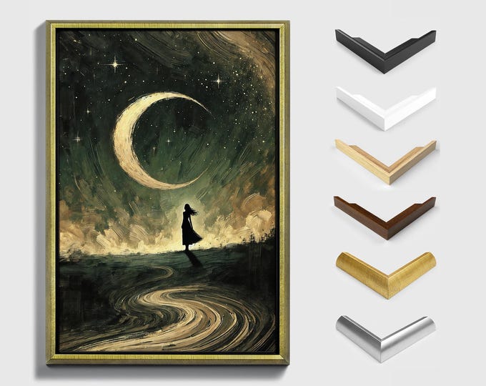 Mystical Moonlight Wall Art, Silhouetted Woman Under Crescent Moon, Dreamy Night Sky Canvas, Modern Framed Print, Atmospheric Room Accent