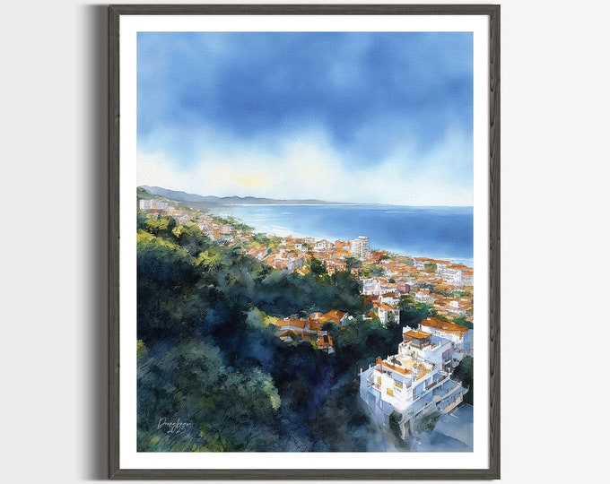 Puerto Vallarta Aerial View Watercolor Print Mexico Art Premium Quality Travel Poster Artful Wall Decor Unframed Wall Art