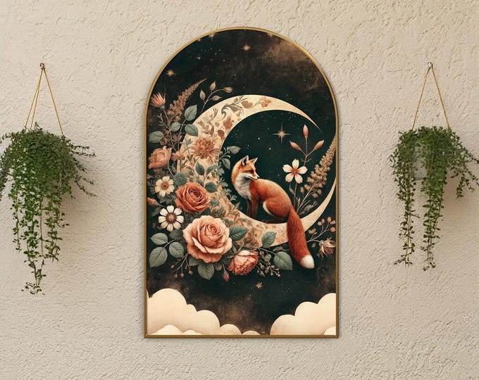Fox Canvas Print: Moonlit Floral Arch, Cottagecore Woodland Decor