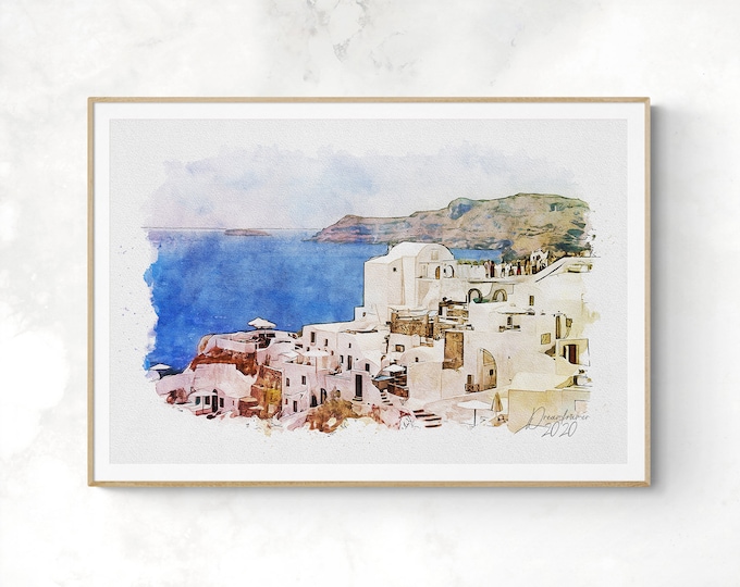 Santorini Watercolor Print Greece Art Premium Quality Travel Poster Artful Wall Decor Unframed Wall Art