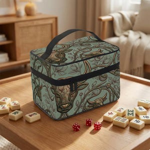 Mahjong Tile Bag: Teal Floral - Taurus Bull Motif, Durable Polyester Travel Case