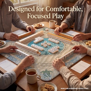 A group of people playing mahjong together, with a large board and pieces on the table.