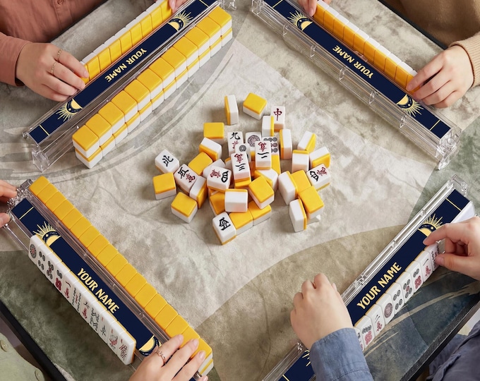 Personalized Mahjong Racks with Pushers, Navy and Yellow Design, Acrylic Set of 4