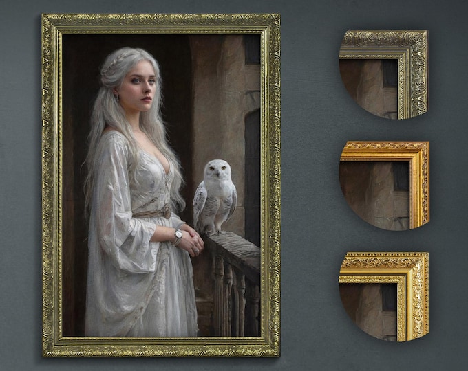 Princess and Snowy Owl Art Print, Dark Academia Decor, Enchanted Medieval Lady, Mysterious Castle, Majestic White Owl, Elegant Wall Art
