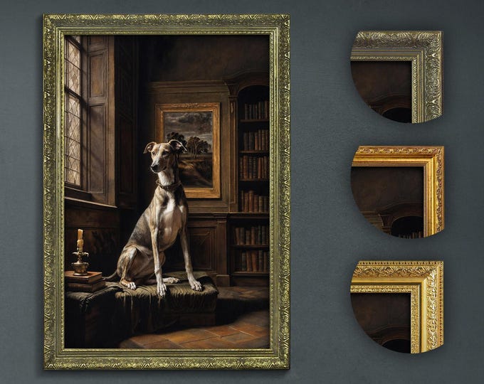 Greyhound in Library Art Print: Dark Academia Dog Lover Decor