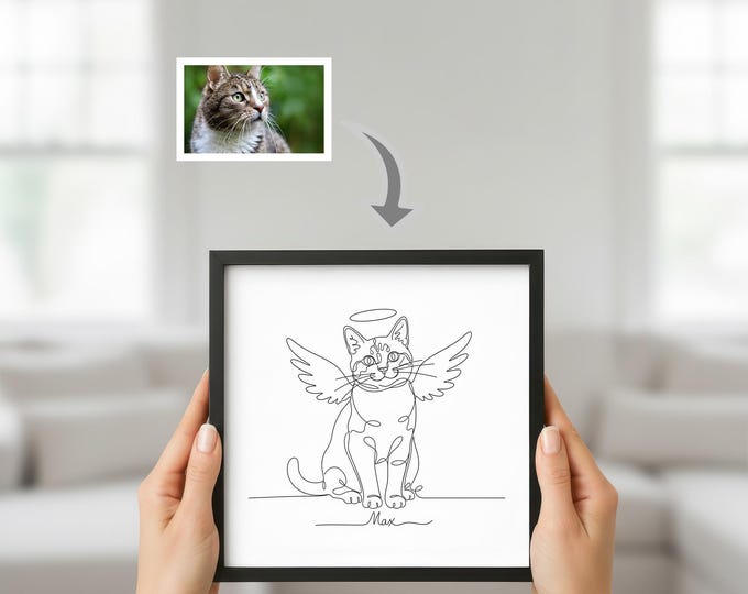 Pet Memorial Portrait: Angel Wings Minimalist Line Art - Digital Download