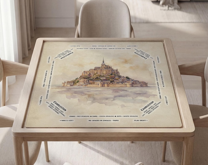 Personalized Mont-Saint-Michel Watercolor Mahjong Mat with Instructions (Rules)
