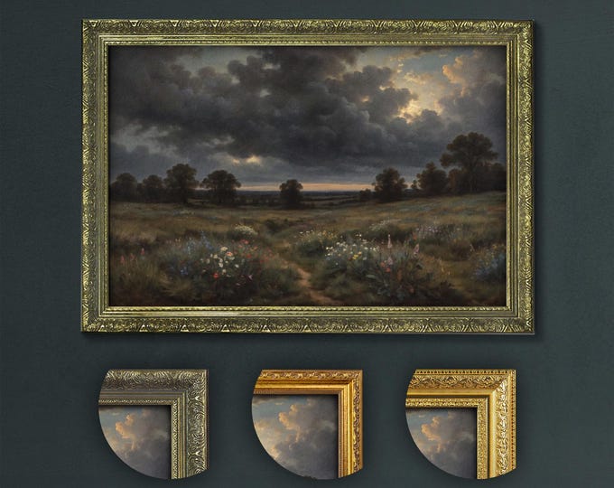 Dark Academia Landscape, Twilight Flower Field Art Print, Gothic Natural Wall Decor, Stormy Sky and Wildflowers, Vintage Inspired Artwork