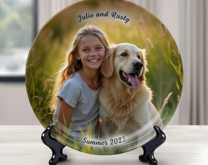 Personalized Pet Photo Plate: Custom Dog Cat Lover Gift, Display Stand Included