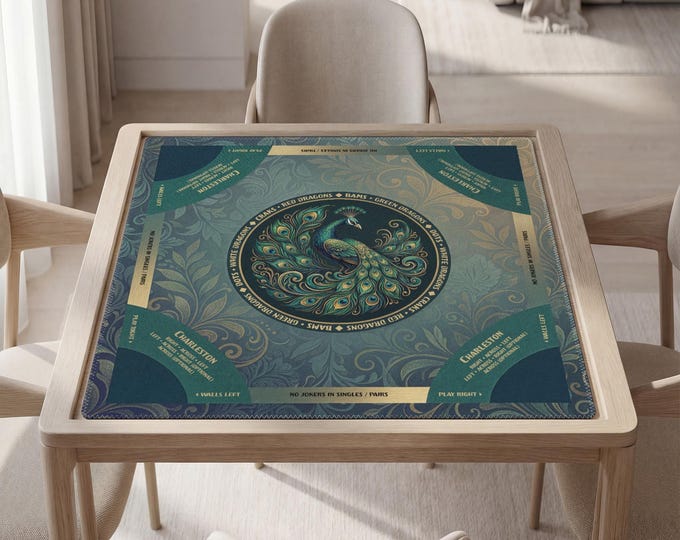 Mahjong Playing Mat with Instructions (Rules): Elegant Peacock Design - Personalized