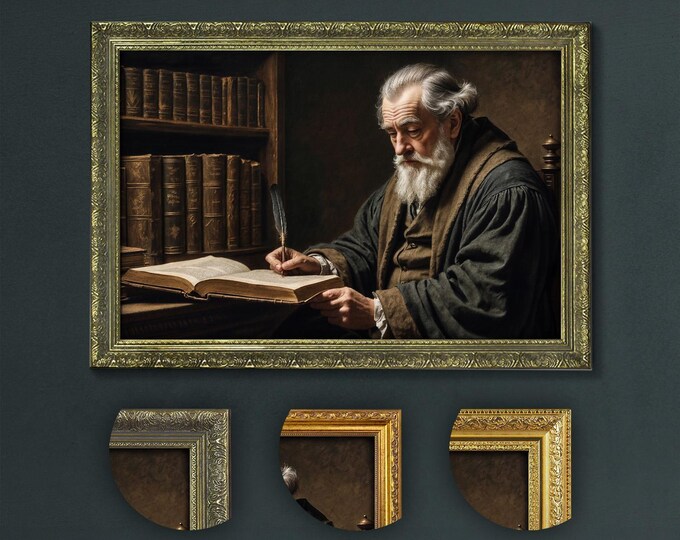 Dark Academia Art Print: Old Man Reading in Library, Vintage Scholar Decor