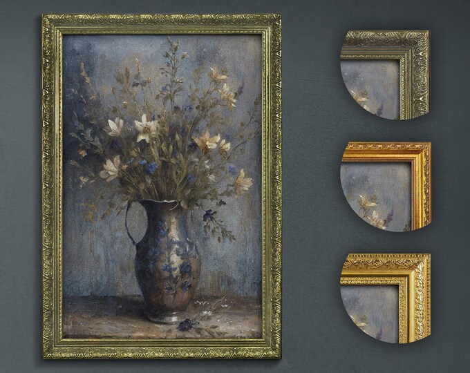 Vintage Floral Vase Print: Moody Dark Academia Still Life Art