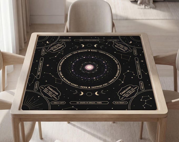 Personalized Mahjong Mat with Instructions: Celestial Galaxy Pattern - Black and Gold, Bag Included