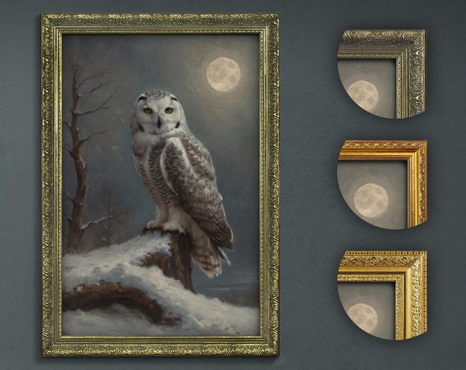 Moody Dark Wall Art, Moon and Snowy Owl, Dark Academia Decor, Artful Prints, Moody Decorative Art, Moody Artful Print, Dark Witchy Decor