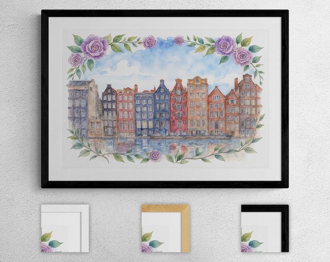 Amsterdam Watercolor Print, Canal Houses Wall Art, Dutch Cityscape Decor, Framed or Unframed, Romantic Amsterdam Painting with Flowers