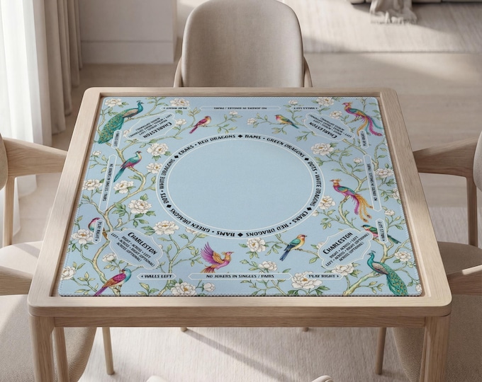 Personalized Peacock and Blossoms Chinoiserie Mahjong Mat with Rules (Instructions)