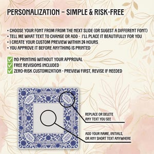 The image is a promotional material for a customizable design service. It features a blue and white patterned frame with text instructions for personalizing the design. The text includes options for font selection, text changes, free custom preview, and approval process. The image also includes a magnifying glass highlighting a specific text element, suggesting the user can easily review and make changes to the design.