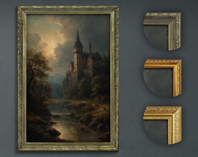 Dark Academia Castle Print: Moody River Landscape, Framed Art