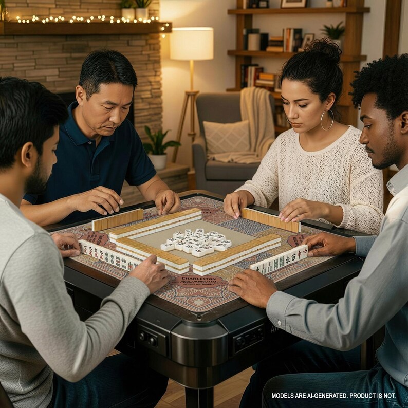 A group of four people are playing a game on a large, colorful game board with dominoes on top, in a cozy living room setting.