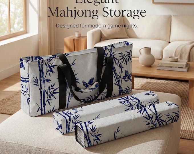 Chinoiserie Mahjong Case, Bamboo Bird Pattern (Tile & Rack Sleeves)