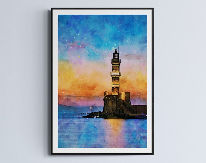 The Lighthouse of Chania Watercolor Print  Greece Art  Premium Quality Travel Poster Artful Wall Decor Unframed Wall Art