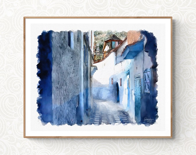 Artful Morocco Print, Moroccan Wall Art, Moroccan Blue City Chaouen Poster, Custom Personalized Artful Gift for Art Lovers, Unframed Print