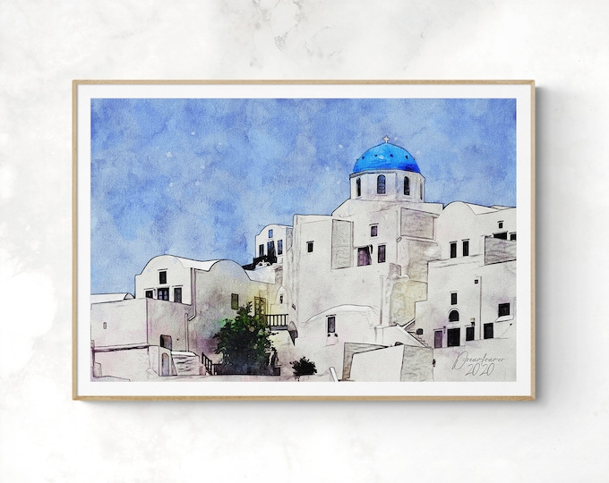 Church in Santorini Watercolor Print Greece Art Premium Quality Travel Poster Artful Wall Decor Unframed Wall Art