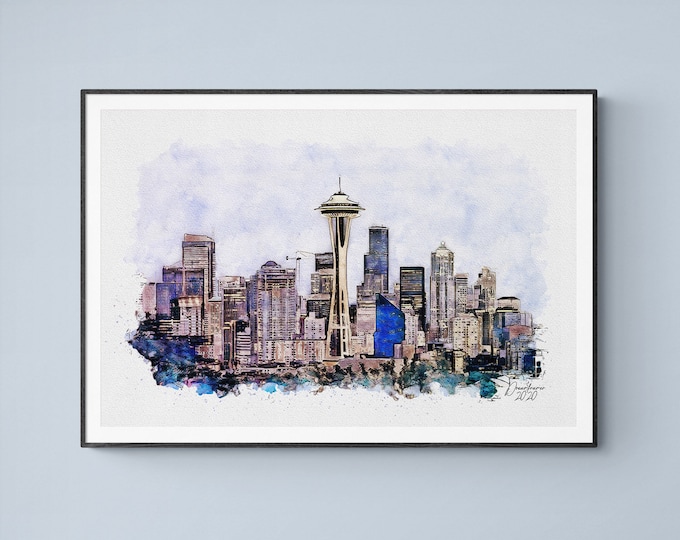 Seattle Skyline Watercolor Print Washington Art Premium Quality Travel Poster Artful Wall Decor Unframed Wall Art