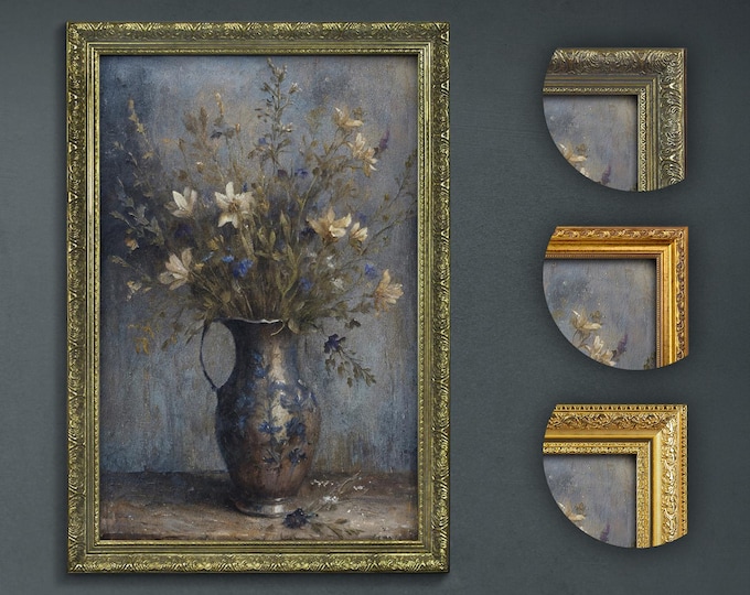 Vintage Vase and Flowers Wall Art, Aged Floral Still Life, Moody Dark Academia Decor, Classic Floral Painting Print, Elegant Home Artwork