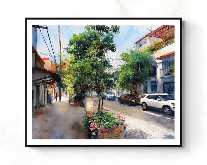 Puerto Vallarta Zona Romantica Watercolor Print Mexico Art Premium Quality Travel Poster Artful Wall Decor Unframed Wall Art