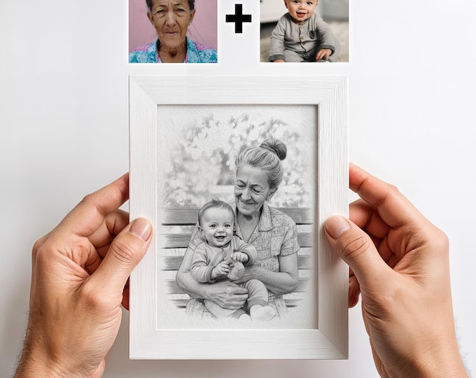 Grandparent and Grandchild Portrait, Pencil Art Style (Personalized from Photos)