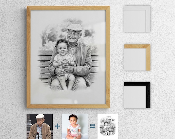 Grandparent and Grandchild Portrait - Custom Pencil Style Print from Photos