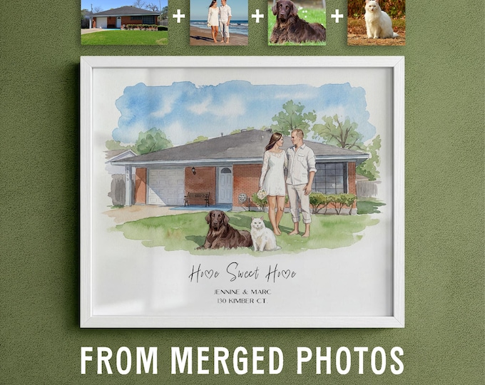 Custom Watercolor House Portrait With Owner From Reference Photos