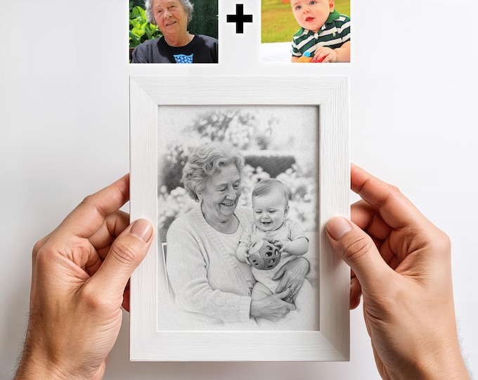 Grandparent and Grandchild Portrait, Pencil Style Art Print (Personalized 5x7 in)
