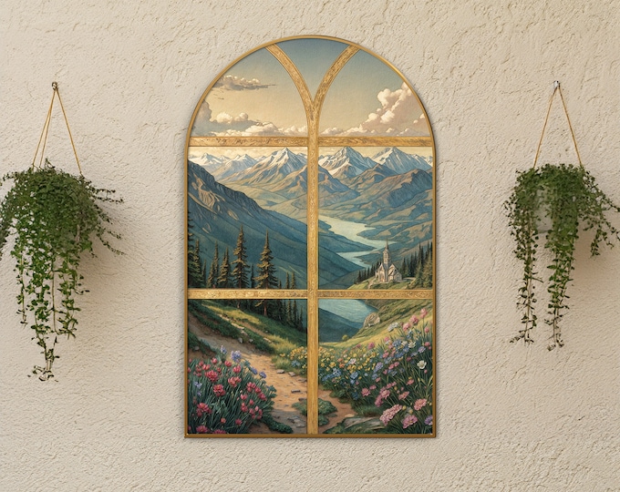 Arched Wall Art, Mountainous Landscape Window Illusion, Cottagecore Decor, Framed Canvas Print, Eclectic Boho Decor, Modern Farmhouse Decor