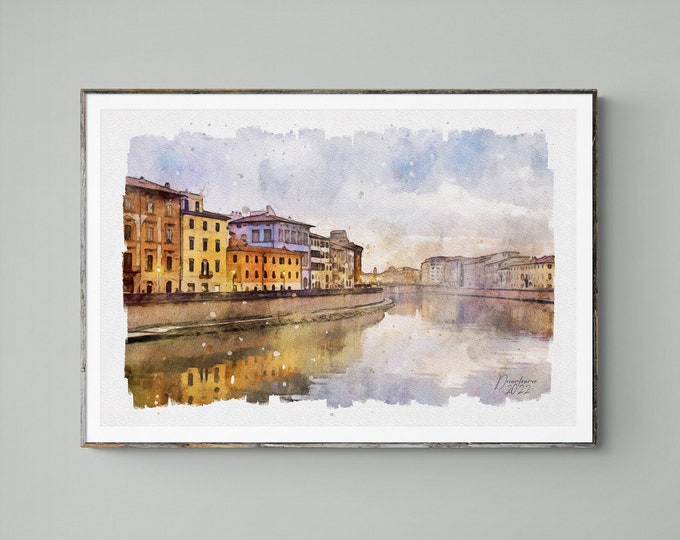 Arno River in Pisa Watercolor Print Italy Art Premium Quality Travel Poster Artful Wall Decor Unframed Wall Art