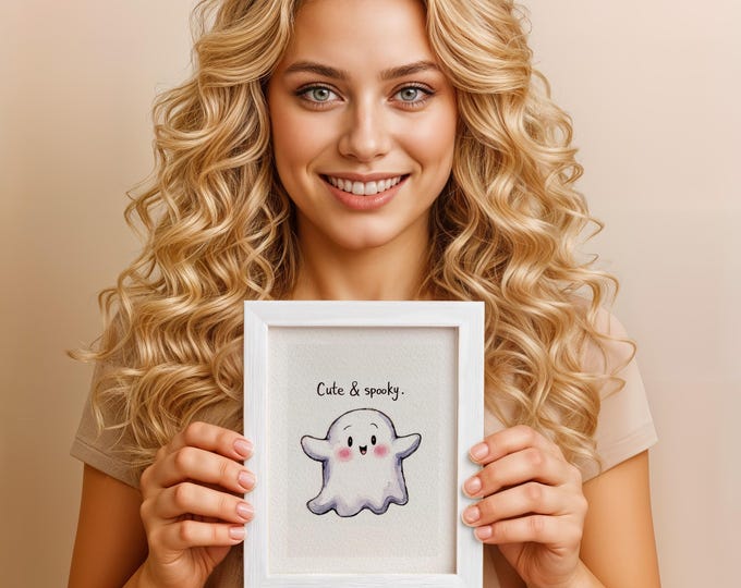 Cute & Spooky Ghost Print – Halloween Watercolor Affirmational Wall Art Gift, 5x7 in