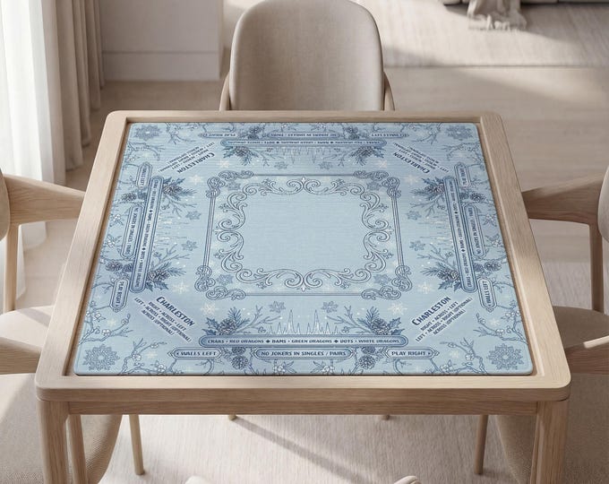 Mahjong Mat with Instructions: Winter Blue Botanical Pattern (Custom Text, Non-Slip)