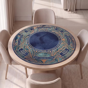 May include: A round Mahjong table mat featuring a deep blue centre surrounded by intricate teal and gold art deco patterns. The border includes text labels for game elements like Charleston, Dots, Bams, Cracks, White Dragons, and Green Dragons.