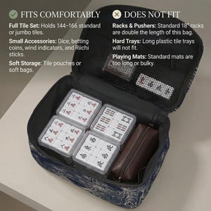 a set of mahjong tiles and accessories, including a full tile set, jumbo tiles, small accessories, and a hard tray. The text indicates that the bag is designed to hold these items comfortably, but it does not fit standard 18-inch racks. The bag also has a soft storage compartment for tile pouches or soft bags.