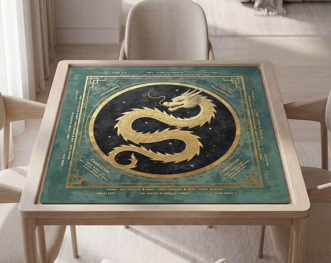 Personalized Masculine Mahjong Mat with Instructions (Rules): Green Dragon Design