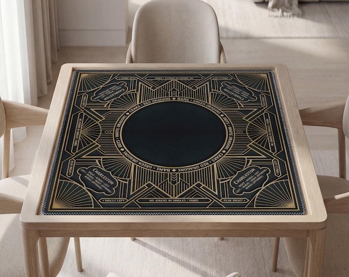 Personalized Dark and Gold Art Deco Mahjong Mat with Rules (Instructions) Non Slip