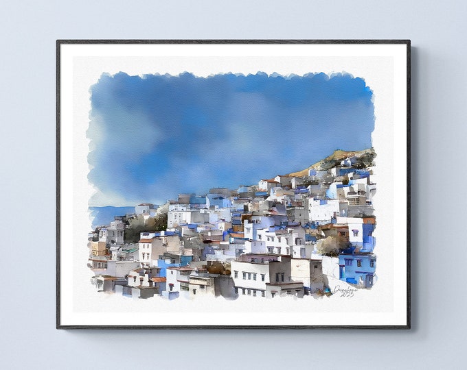 Artful Morocco Print, Moroccan Wall Art, Moroccan Blue City Chaouen Poster, Custom Personalized Artful Gift for Art Lovers, Unframed Print