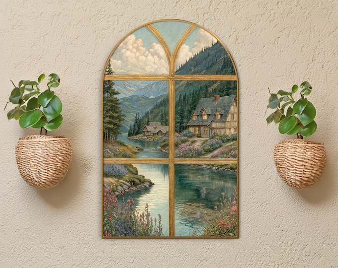 Arched River Cabin Canvas Print, Rustic Mountain Home Art, Serene Landscape Wall Decor, Peaceful River Scene, Cottage Decor Artwork