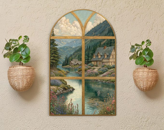 Arched River Cabin Canvas Print: Rustic Mountain Landscape Art